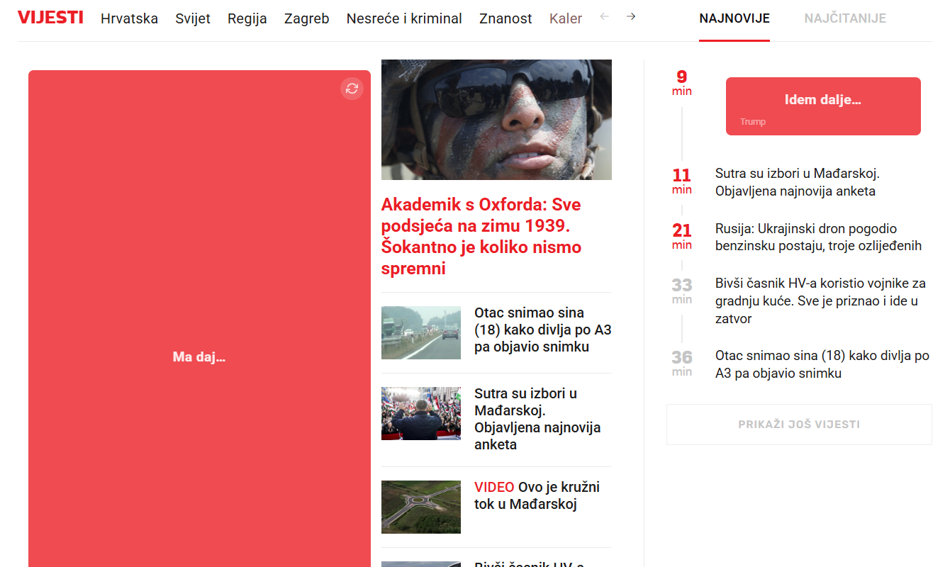 Poslije filtriranja — isti index.hr, Trump članak zamijenjen crvenim placeholderom s porukom 'Ma daj…' i gumbom za refresh